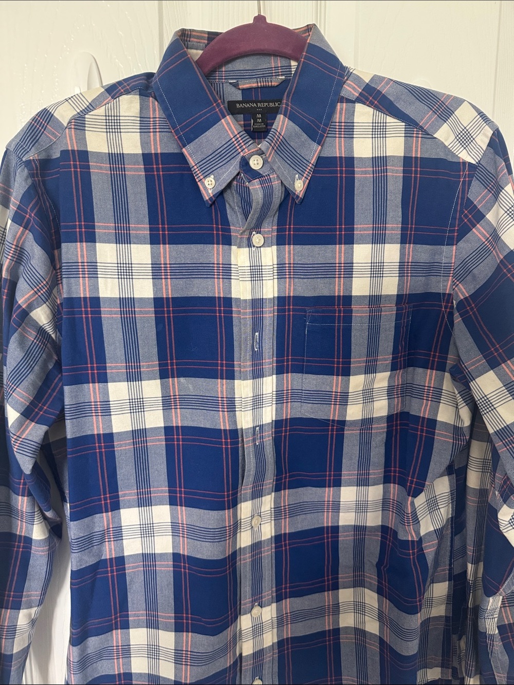 Banana Republic Navy and White Plaid Button-Down Shirt with Pink Accents